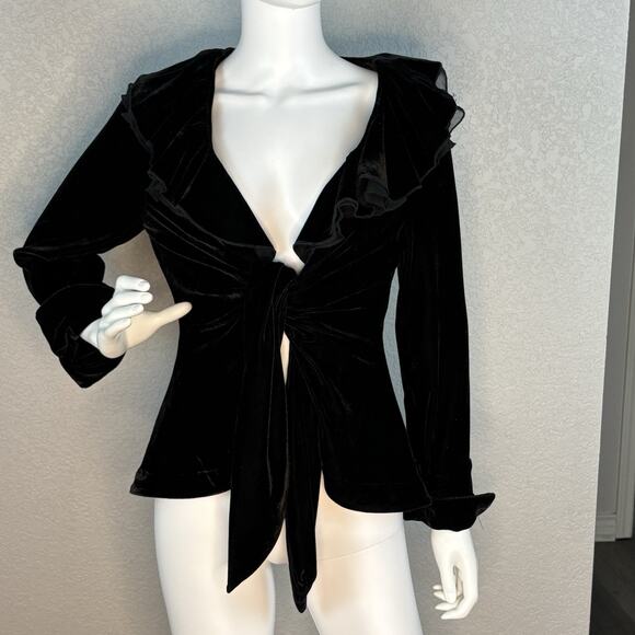 Size M Velvet Wrap Top Jacket Whimsigoth Y2K Ruffle 90s Goth Holiday Glam Black - Picture 2 of 8